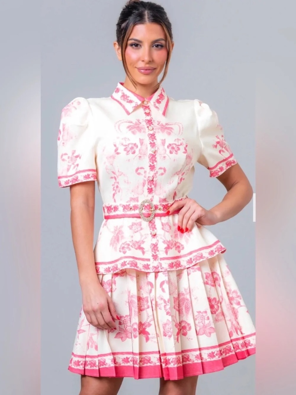 Boutique Ivory & Pink Floral Peplum Belted Dress Size Small NWOT - Picture 2 of 6